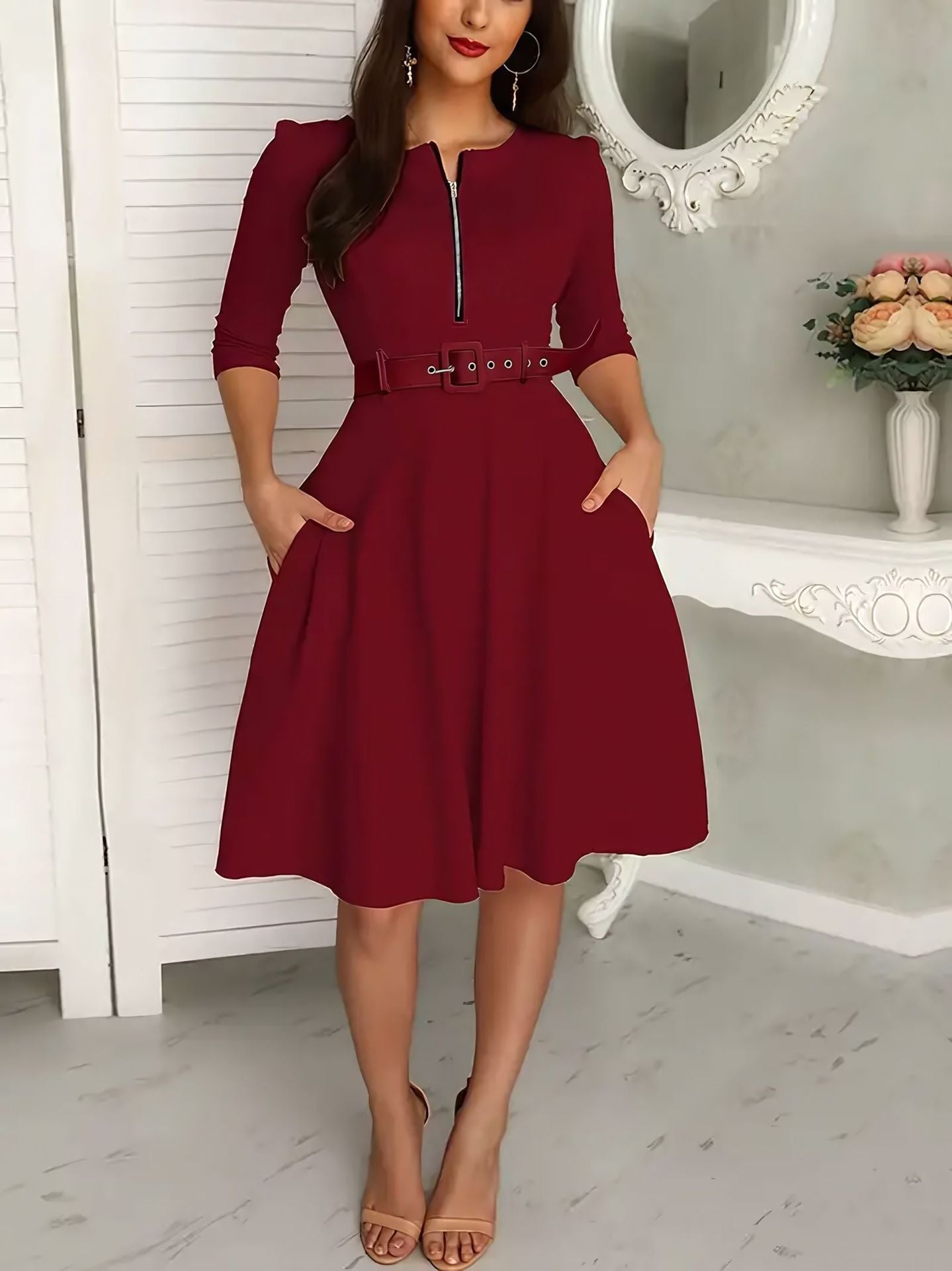 Street-Wave Belted Zip A-Line Dress For Women With Three-Quarter Sleeves Casual Chic Flattering Fit