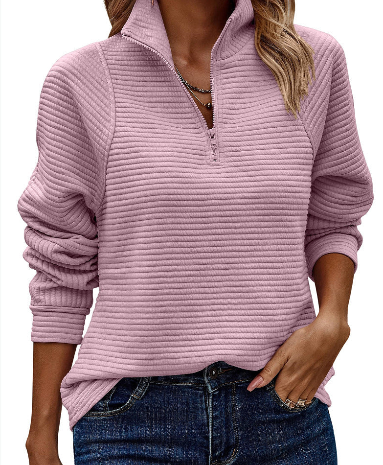 Street-wave Women's Waffle Knit Zip Up Pullover With Stand Collar Cozy Everyday Essential