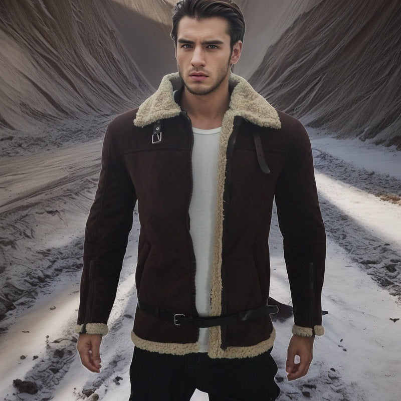 Street-Wave Men's Shearling Lambskin Jacket With Removable Hood Modern Fit Warm Winter Coat