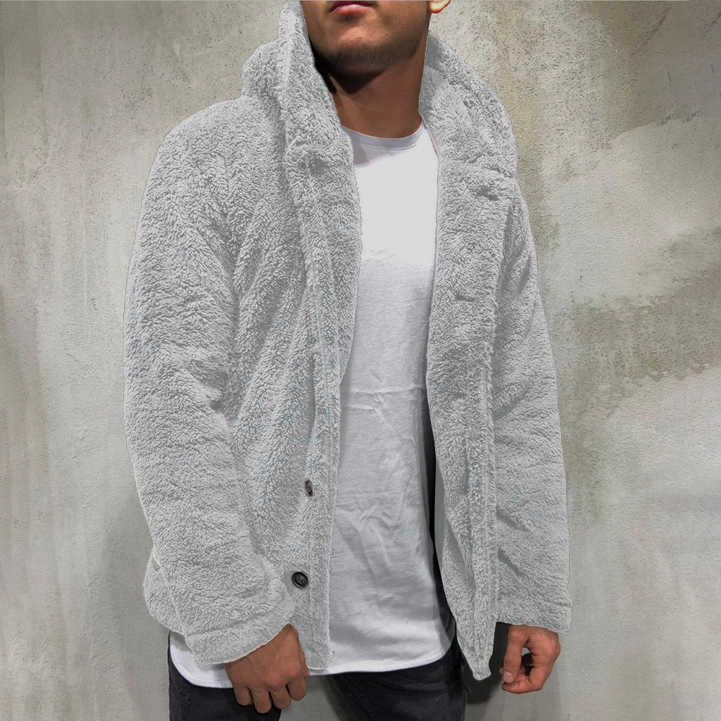 Street-wave Men's Cozy Teddy Jacket With Wide Lapel Warm Plush Fabric Practical Pockets