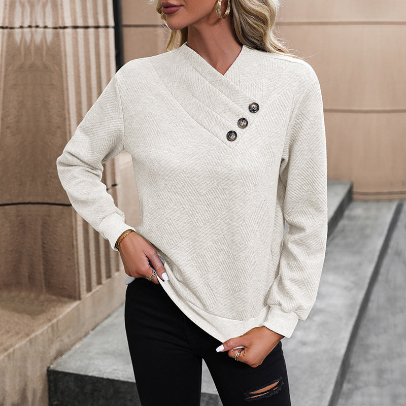 Street-wave Womens Elegant Pullover With Asymmetric Neckline And Button Details For Chic Comfort