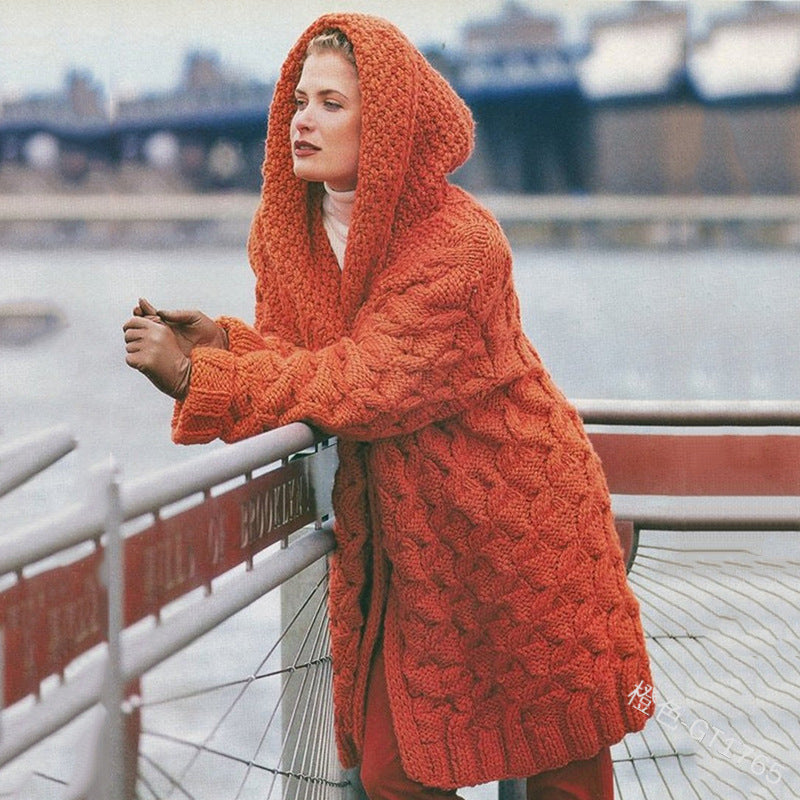 Street-wave Women's Oversized Chunky Knit Hooded Coat Cozy Warmth Soft Wool Casual Chic Outerwear