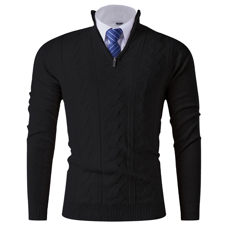 Street Wave Men's Premium Elegant Stand Collar Knit Sweater With Textured Zipper For Everyday Wear