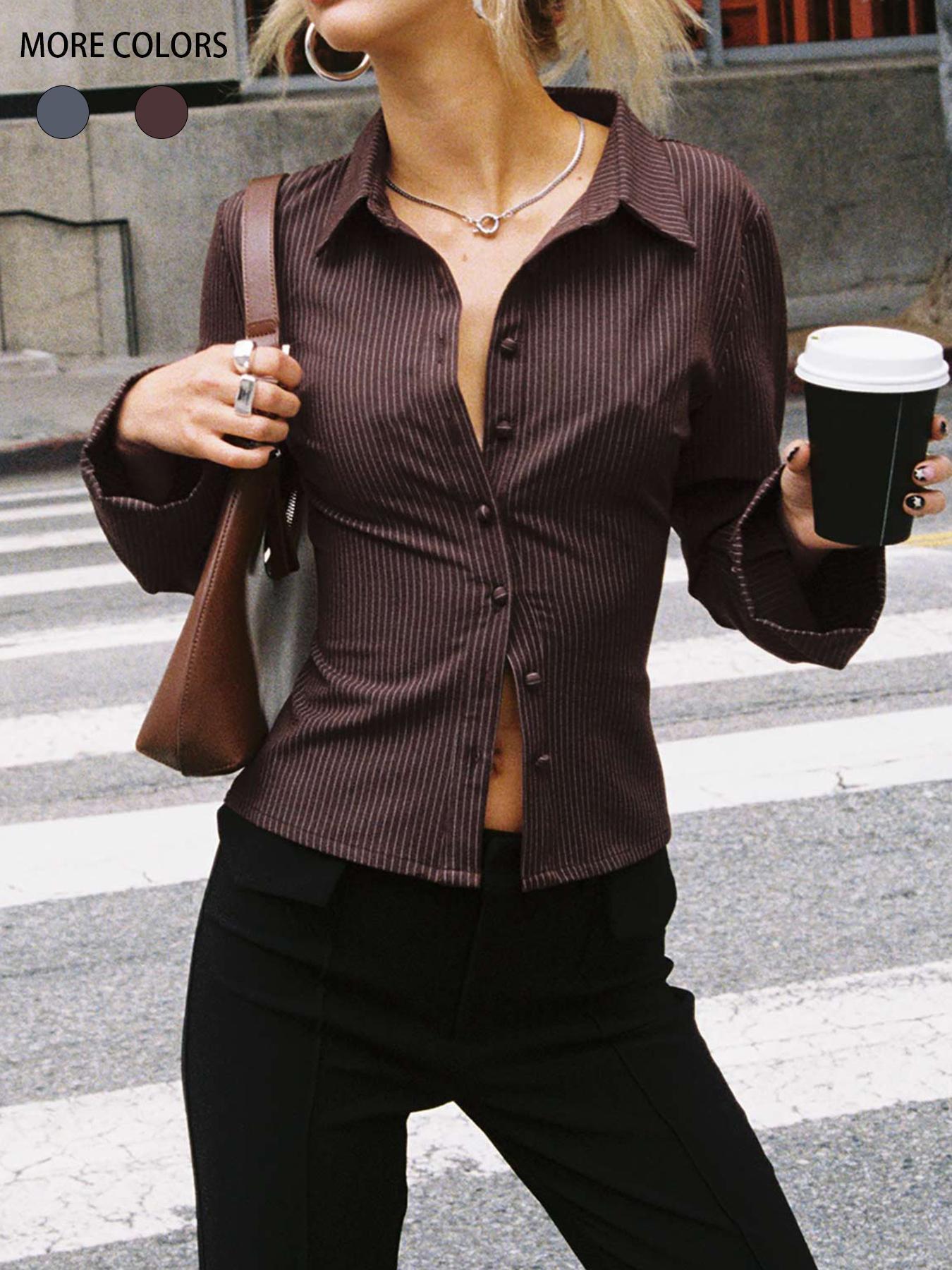 Street-Wave Tailored Womens Button-Down Blouse With Notched Collar And Fine Stripes