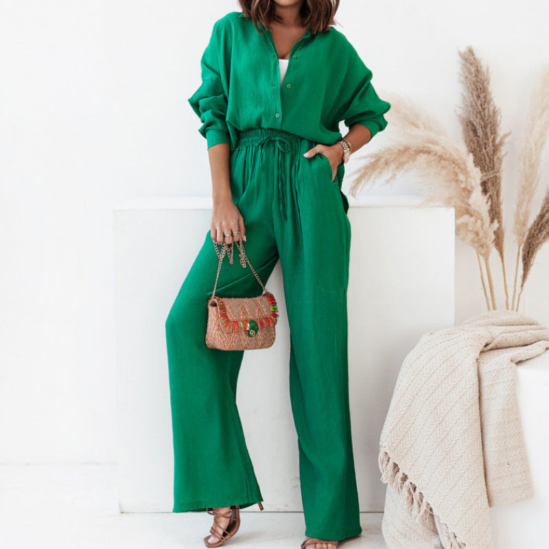 Street Wave Linen Two Piece Set For Women Loose Blouse And Wide Leg Pants Casual Comfort