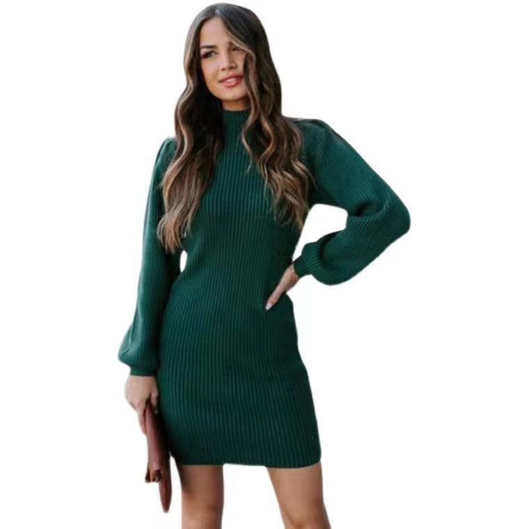 Street-wave Womens Knit Dress With High Collar And Puff Sleeves For Women Elegant Cozy Winter Outfit