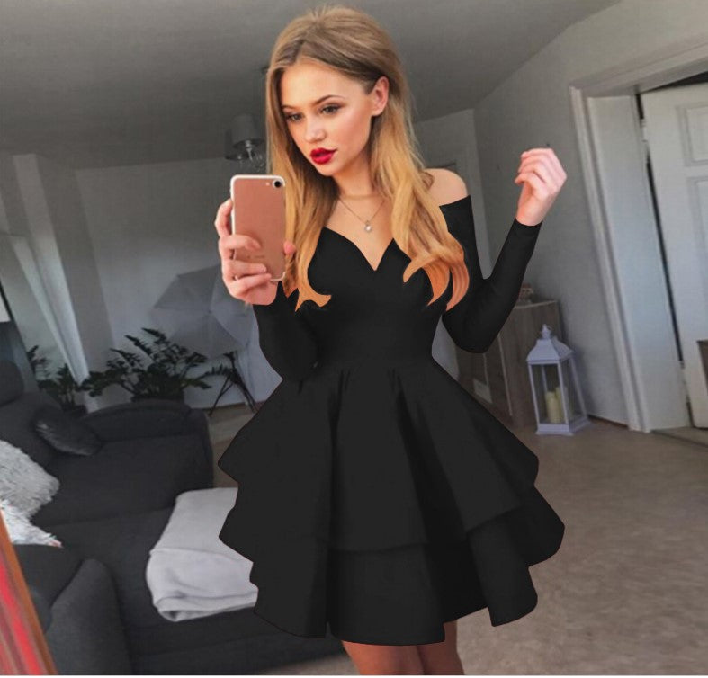 Street Wave Off Shoulder Cocktail Dress With Layered Ruffles And Deep V Neck For Women