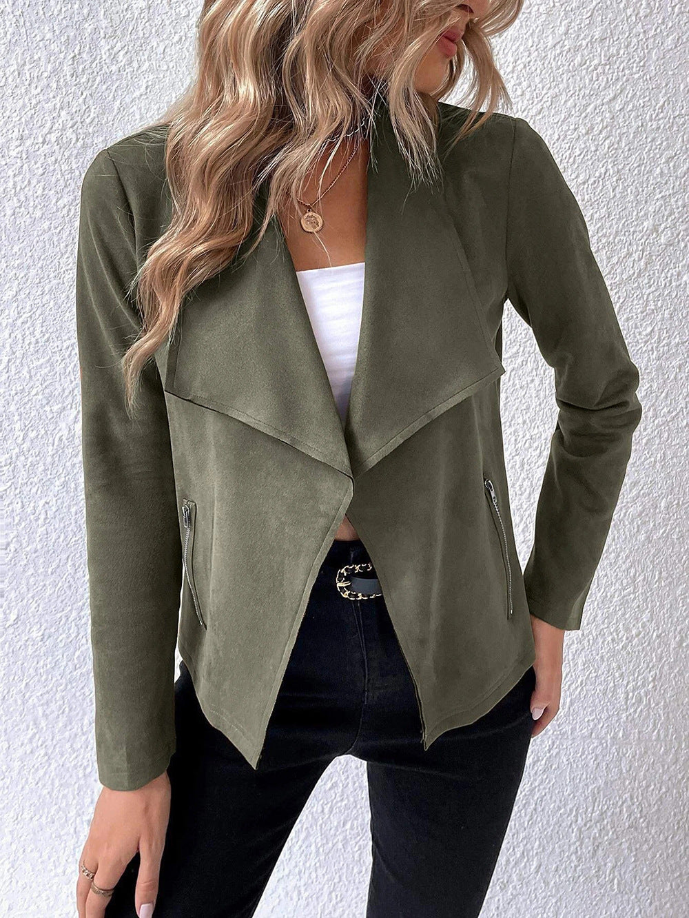 Street-Wave Cropped Suede Jacket For Women Long Sleeve Versatile Must-Have Chic Outerwear