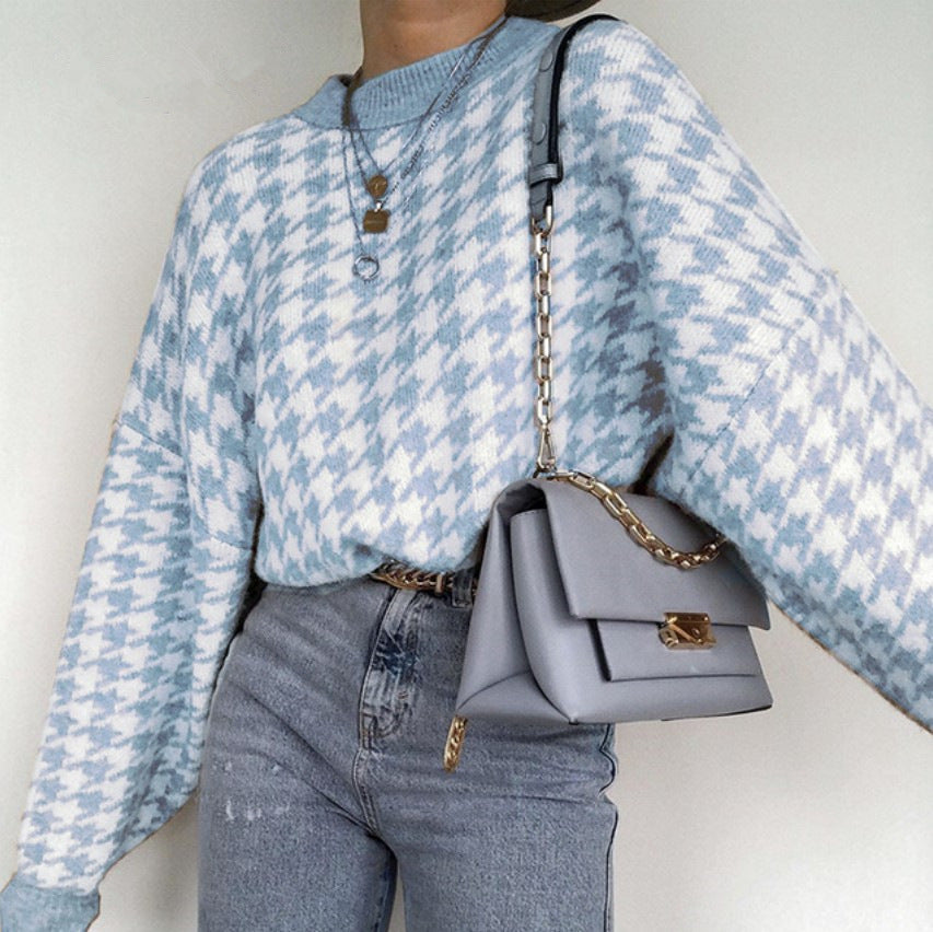 Street-Wave Women Plaid Knit Sweater Cozy Soft Knit For Everyday Chic Relaxed Oversized Fit