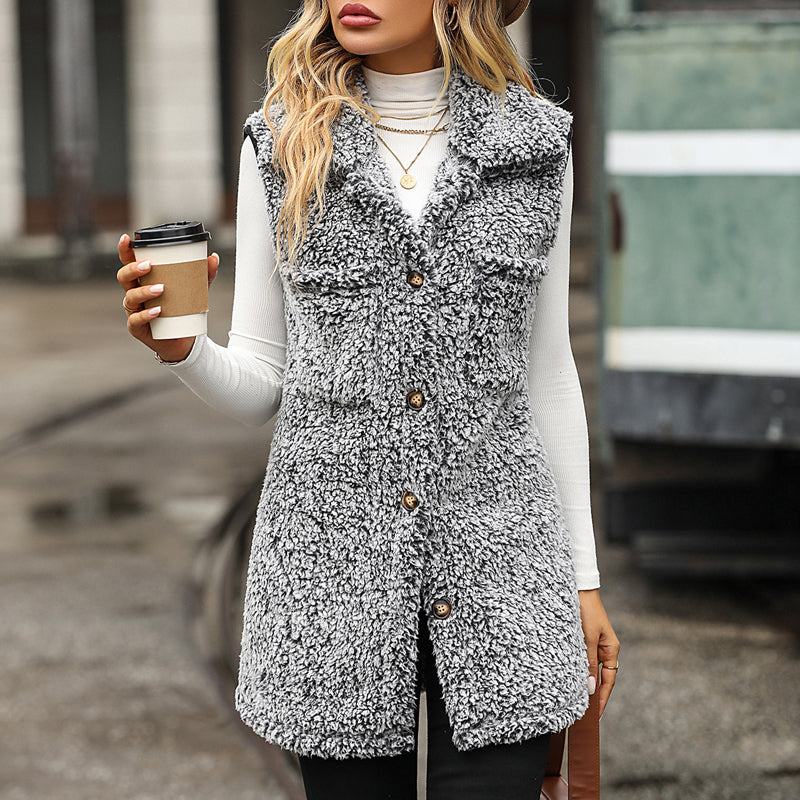Street Wave Plush Sherpa Vest Cardigan For Women With Button Front Pockets Cozy Warmth