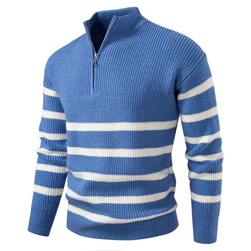 Street-wave Men Knit Sweater Half Zip Stripe Design Premium Cotton Blend For Everyday Comfort