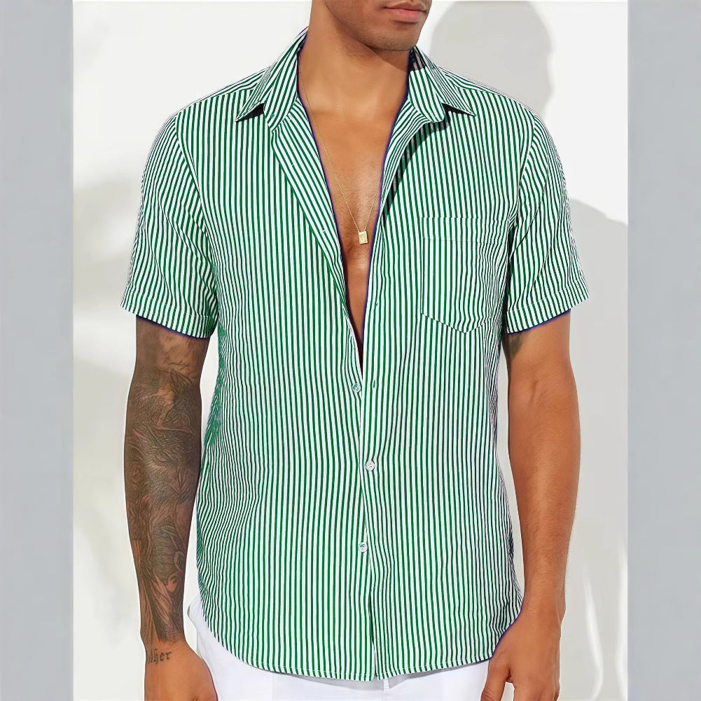 Street-Wave Men's Short Sleeve Striped Button-Up Shirt Relaxed Fit Cotton Blend