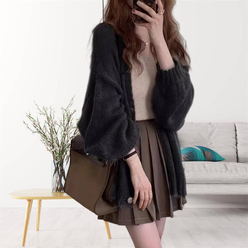 Streetwave Cozy Knitted Cardigan With Voluminous Sleeves For Women Soft Warmth For Everyday Wear