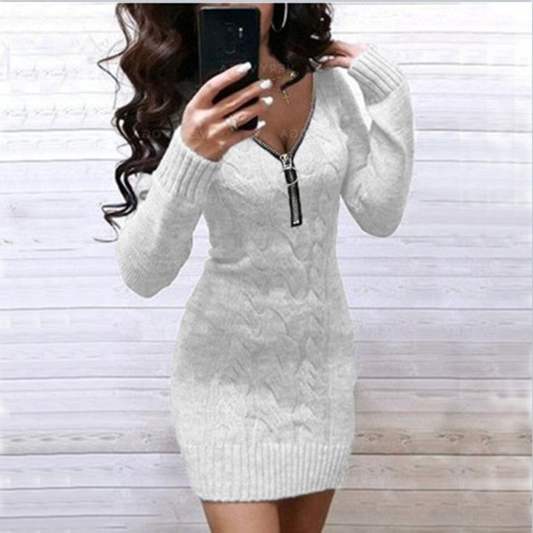 Street-Wave Cable Knit Dress With Zipper For Women, Trendy Cozy Knitwear For Everyday Style