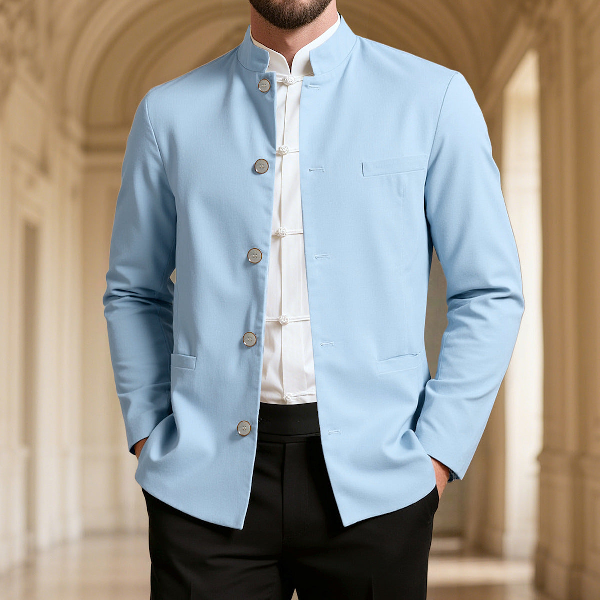 Street-wave Men Stand Collar Blazer Elegant Breathable Comfort For Modern Gentlemen
