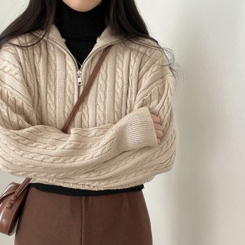 Street Wave Women Cozy Cable Knit Pullover With High Collar Zip Soft Warm Versatile