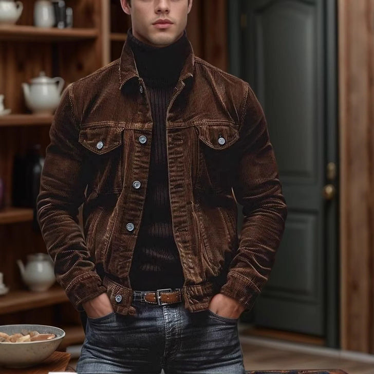 Street Wave Corduroy Jacket For Men With Classic Fit And Versatile Chest Pockets