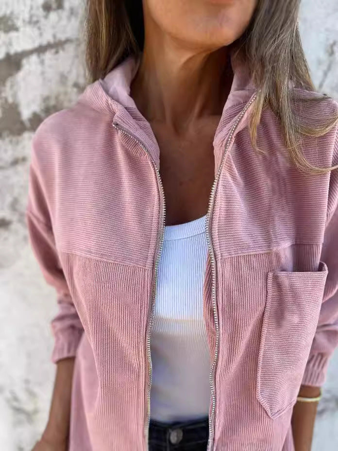 Streetwave Corduroy Hoodie Jacket With Zipper Relaxed Fit Casual Streetwear For Women