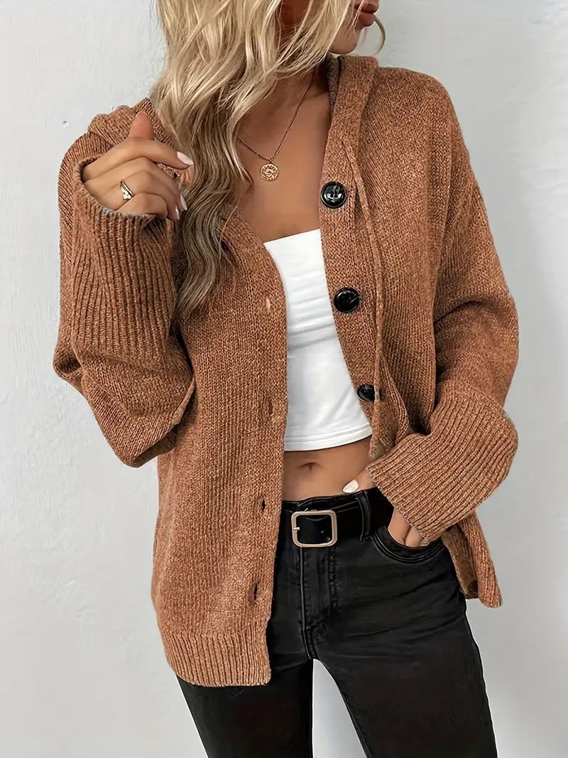 Street-Wave Women's Hooded Knit Cardigan With Button Closure For Cozy Everyday Wear