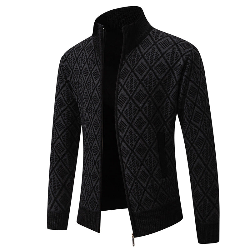 Streetwave Mens Knit Cardigan With Structured Diamond Pattern And High Collar For Men
