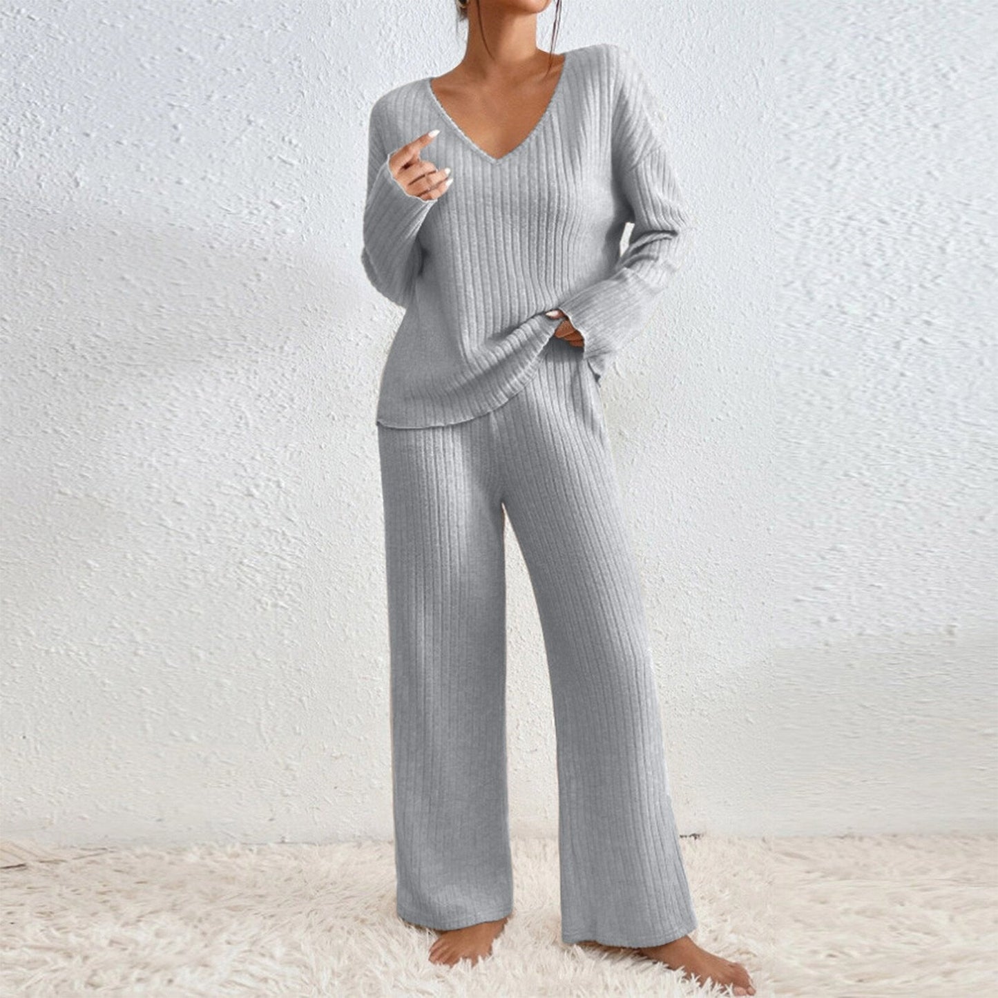 Street-wave Women Knit Loungewear Set Cozy Soft Knit V-Neck Top Wide-Leg Pants Comfortable Effortless Everyday