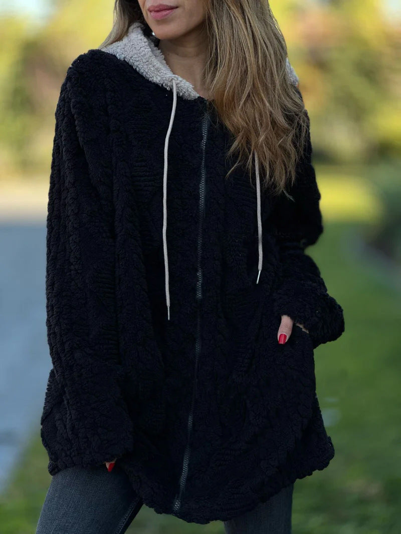 Street-Wave Fur Lined Hooded Knit Coat For Women Cozy Vintage Jacket With Zip Front