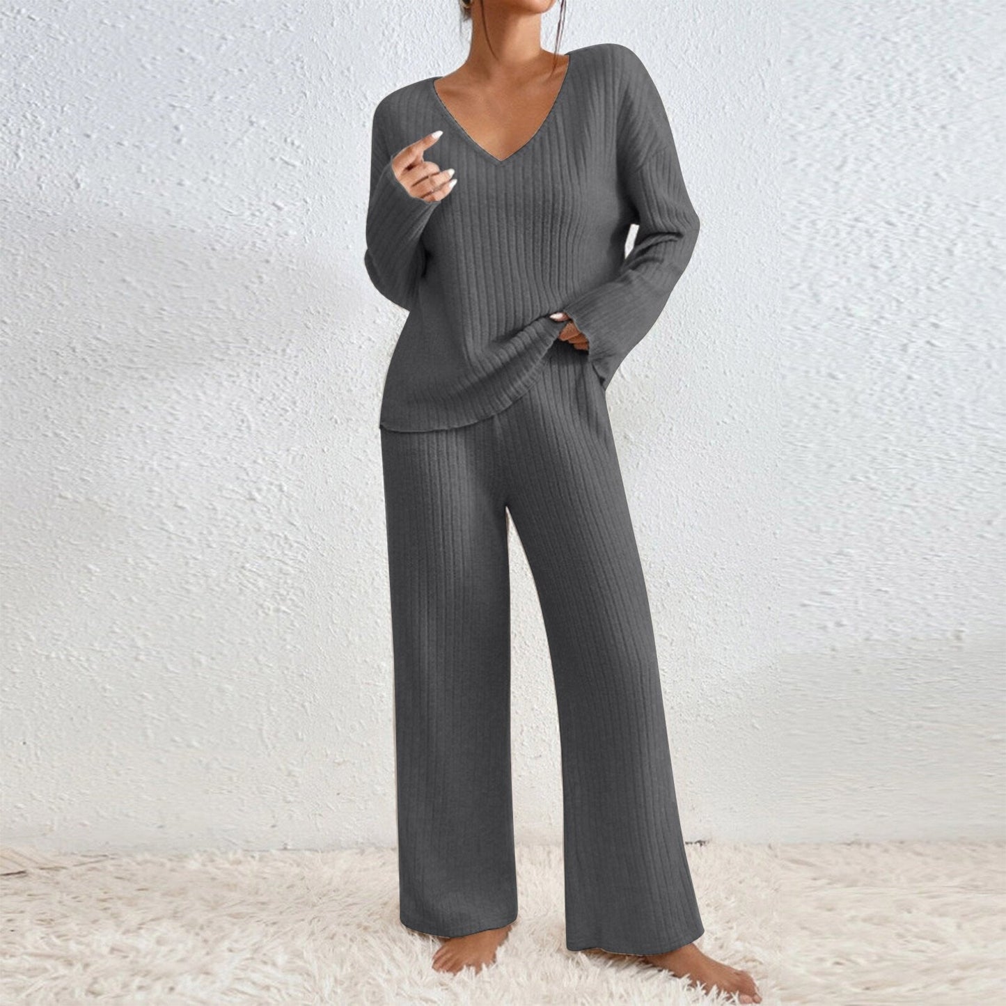 Street-wave Women Knit Loungewear Set Cozy Soft Knit V-Neck Top Wide-Leg Pants Comfortable Effortless Everyday