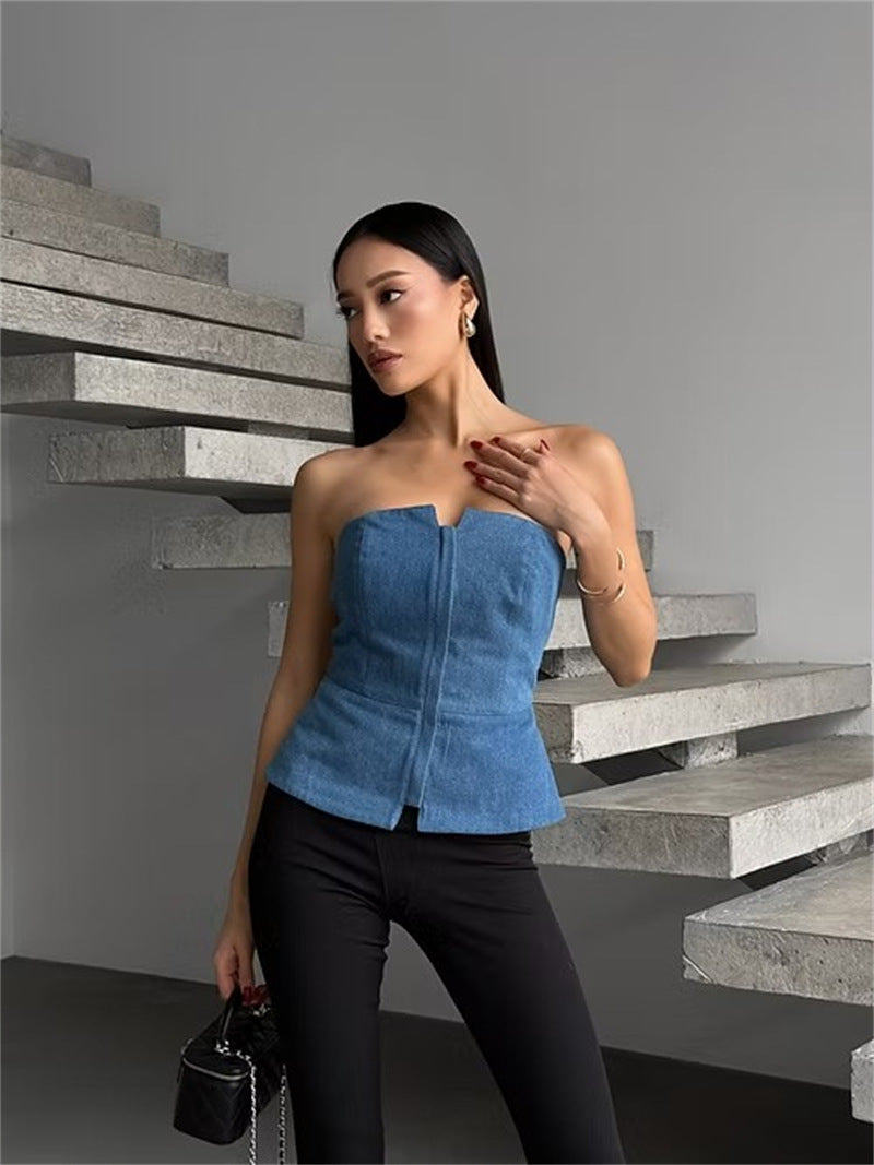 Street-Wave Denim Sleeveless Zip Top for Women, Figure-Flattering Fit, Casual Chic Wardrobe Essential