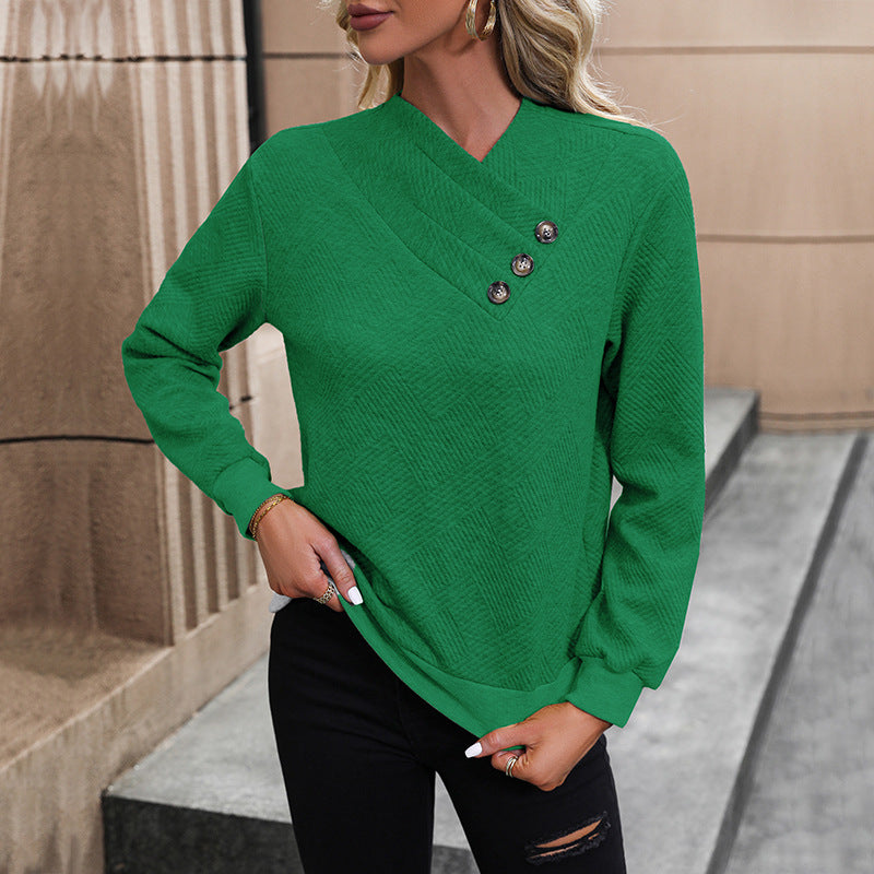 Street-wave Womens Elegant Pullover With Asymmetric Neckline And Button Details For Chic Comfort