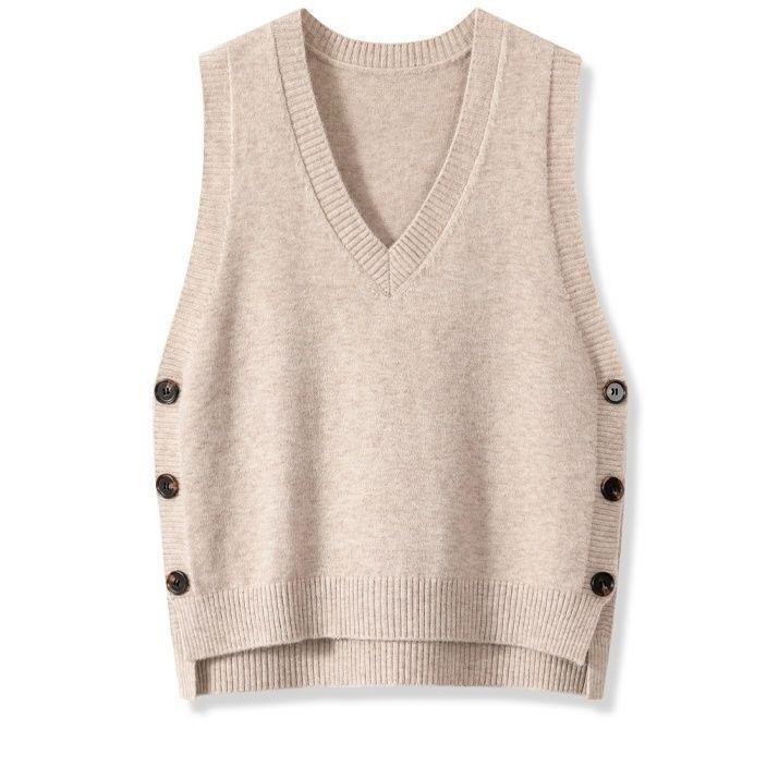 Street-Wave Womens Knit Vest With V-Neck And Button Details For Stylish Office To Casual Layering