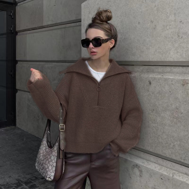 Streetwave Zip Front Rib Knit Pullover Soft Warm Versatile Casual Chic For Women Everyday Wear