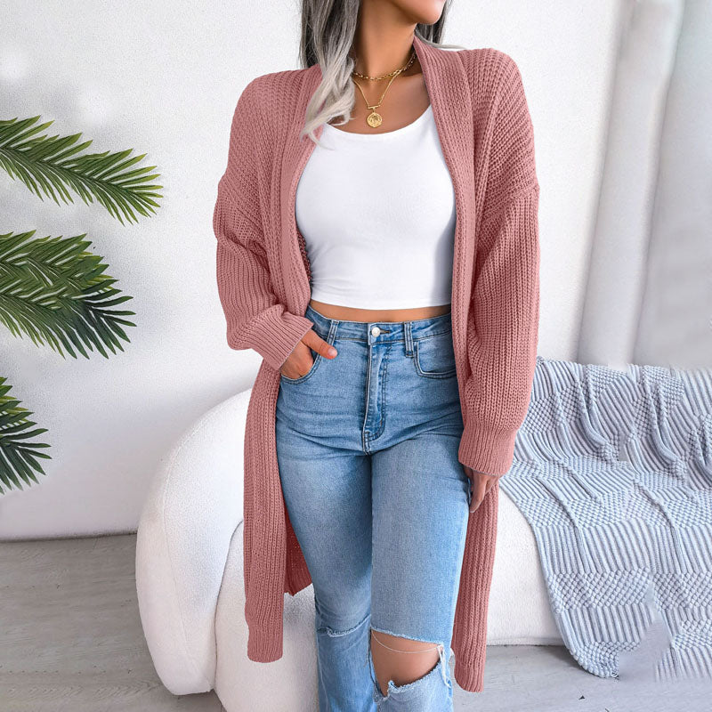Street-wave Solid Knit Cardigan for Elegant Women With Wrap Collar Cotton Acrylic Blend Long Sleeve All Season