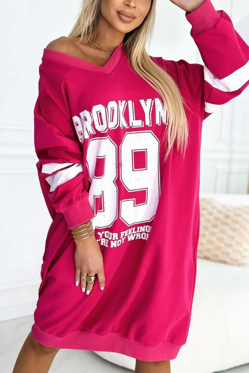 Street-Wave Oversized Sport Dress With V-Neck And Contrasting Sleeves For Women Casual Comfort