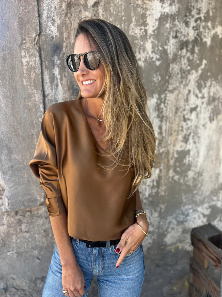 Street Wave Satin V Neck Top For Women Casual Chic With Subtle Shine For Everyday Work And Evening