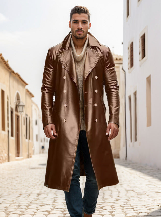 Streetwave Mens Glossy Long Coat Double Breasted Front Premium Winter Style For Fashionable Men