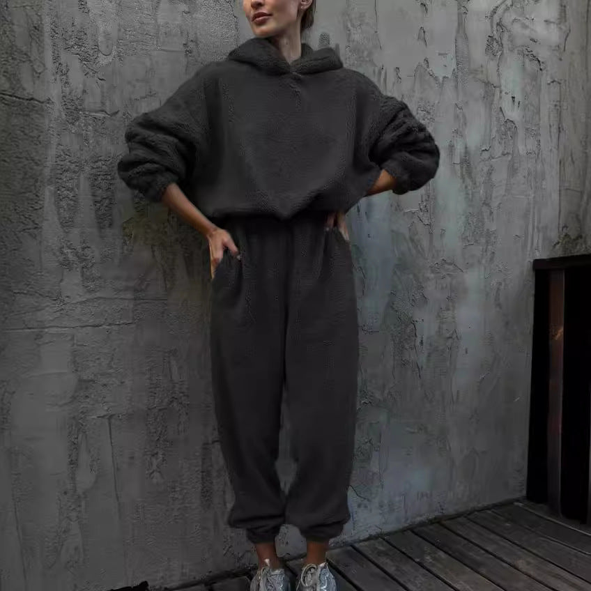 Street Wave Women Fleece Loungewear Set With Oversized Hoodie High Waist Pants