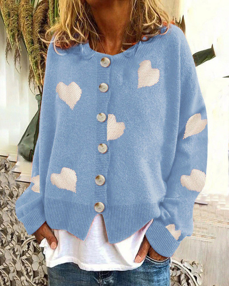 Street Wave Women's Heart Pattern Knit Cardigan With Button Front Cozy Cotton Blend