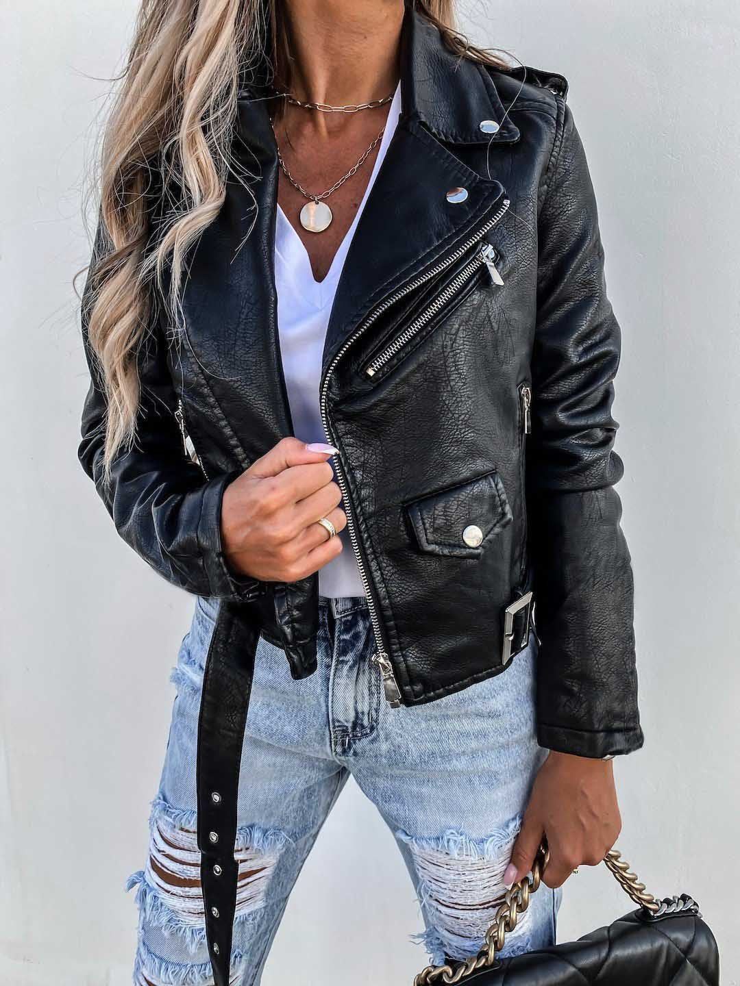 Street-wave Womens Faux Leather Biker Jacket With Zipper Details For Effortless Street Style