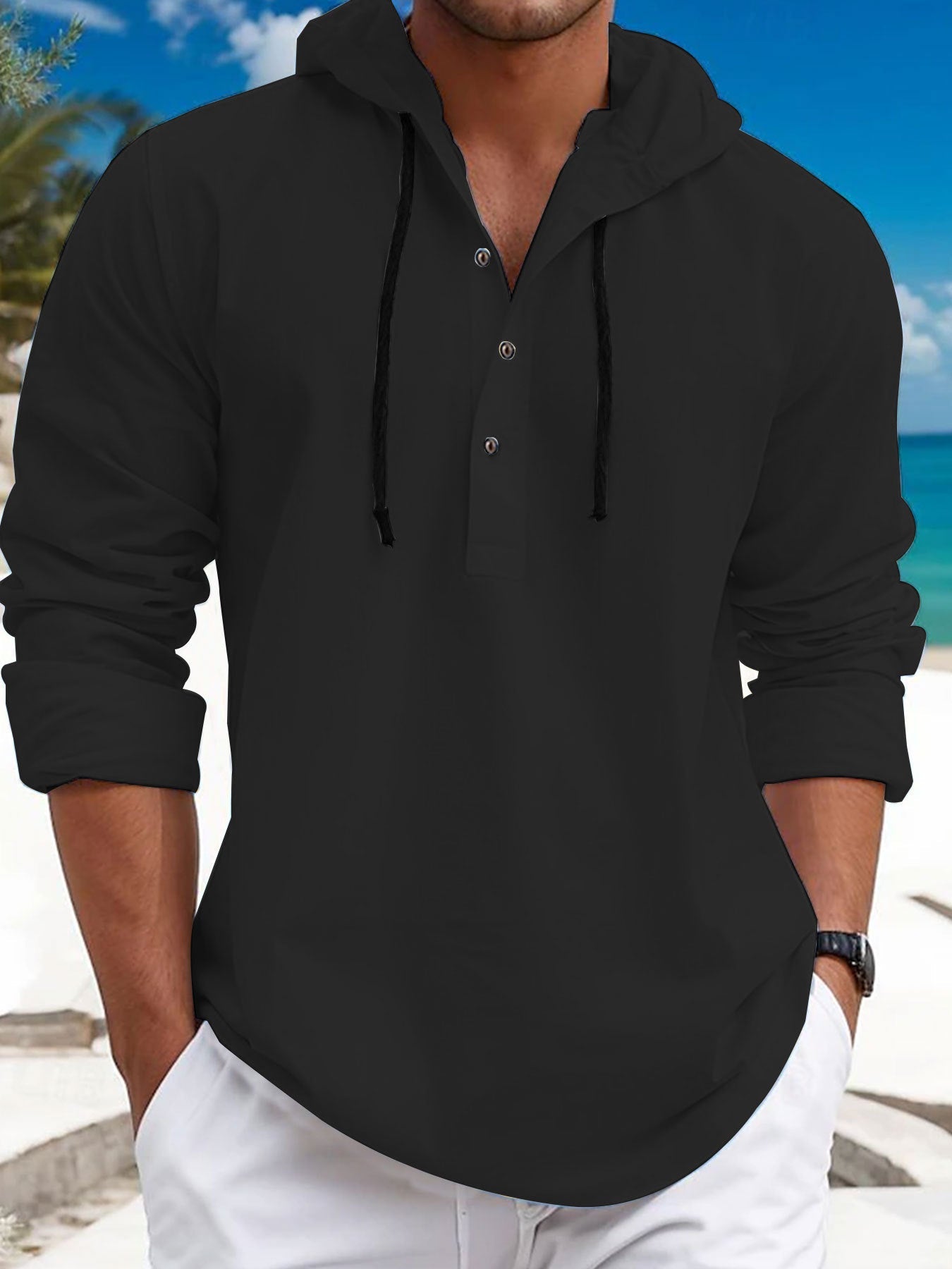 Street-Wave Men's Breathable Hooded Pullover With Button Placket For Casual Beachwear