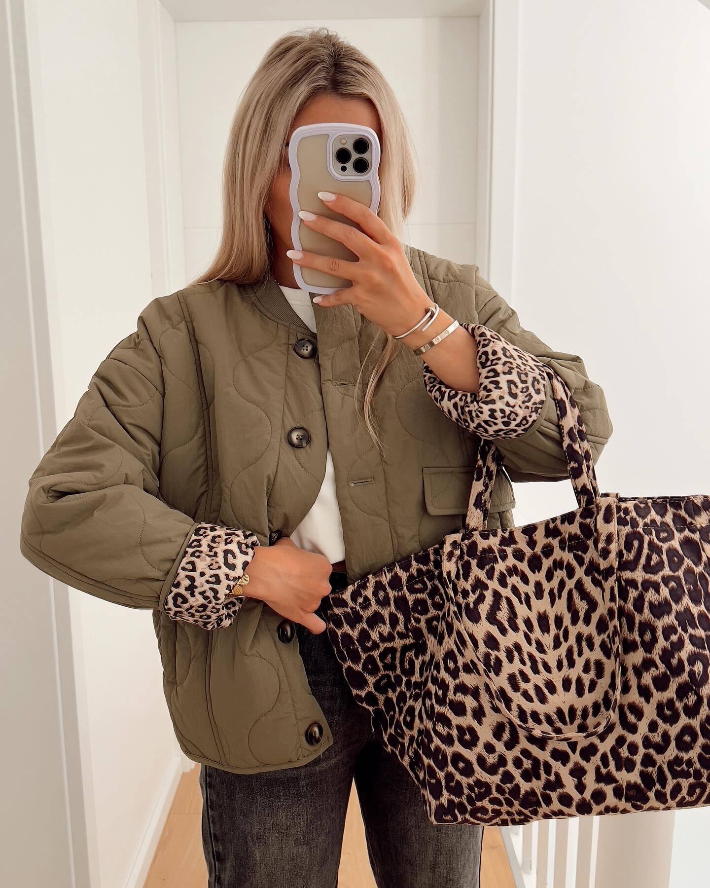 Street-Wave Quilted Padded Jacket With Leopard Print Lining Button Front Womens Warm Trendy Coat