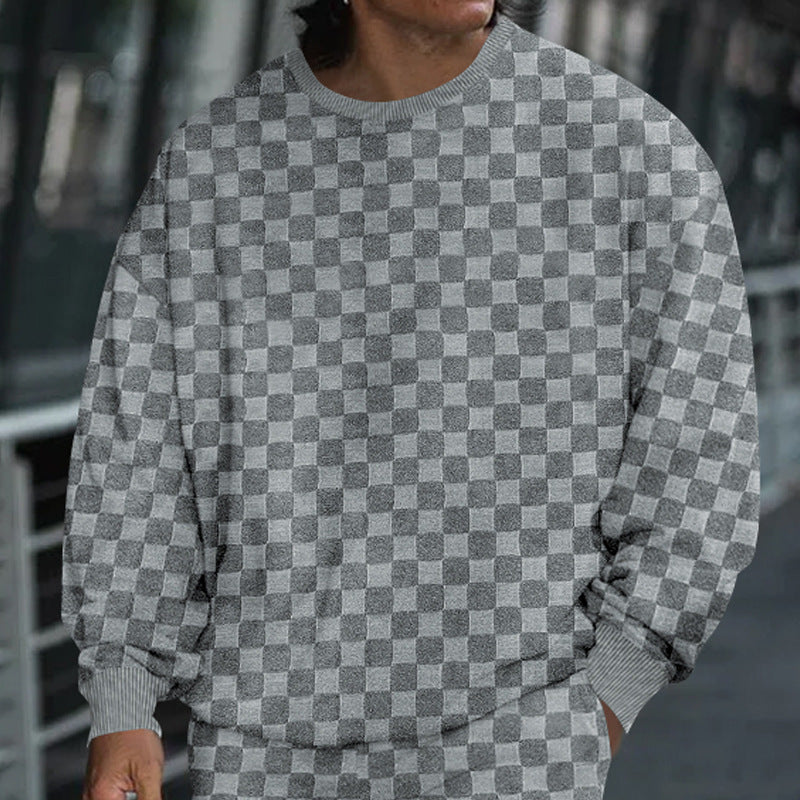 Street-Wave Men's Oversized Sweatshirt With Structured Checkerboard Pattern For Urban Streetwear Enthusiasts