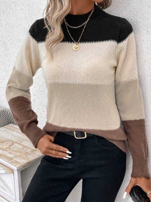 Street Wave Women Color Block Knit Sweater Crewneck Cozy Transitional Fashion Essential For Fall