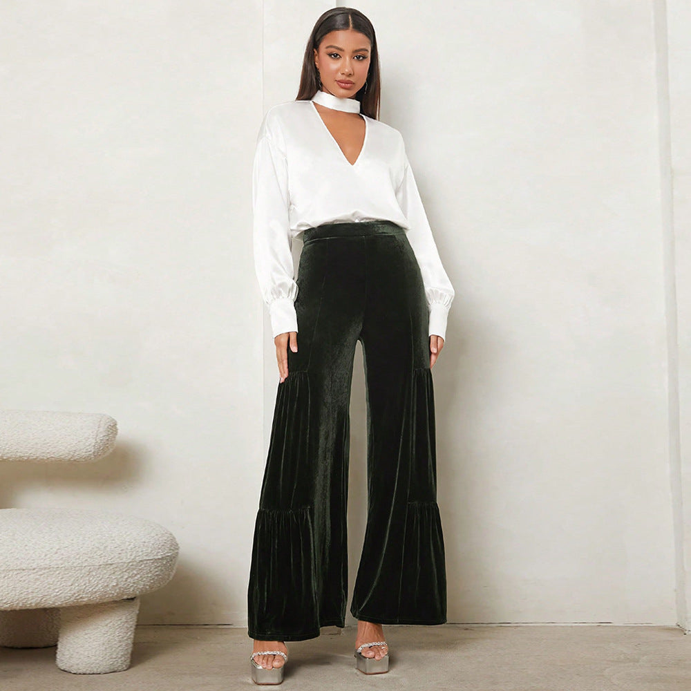 Street-Wave Velvet Wide-Leg Plush Pants With Pleats And High Waist For Women Night Out