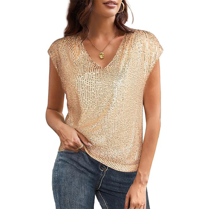 Street-Wave Sequin V-Neck Top For Women Shimmering Party Glam Perfect For Evening Outings And Celebrations