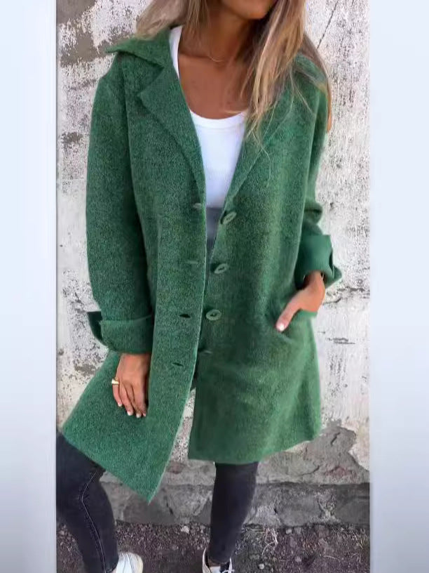 Street-Wave Mid-Length Wool-Look Coat For Women, Relaxed Fit, Revers Collar, Single-Button Closure
