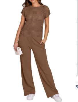 Street-Wave Women's Open-Knit Short-Sleeve Top and Wide-Leg Pants Set - Relaxed Fit for Casual Comfort