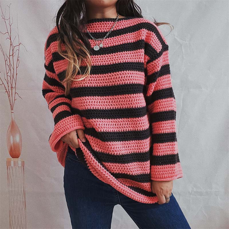 Street-wave Striped Knit Pullover Cozy Warmth For Women