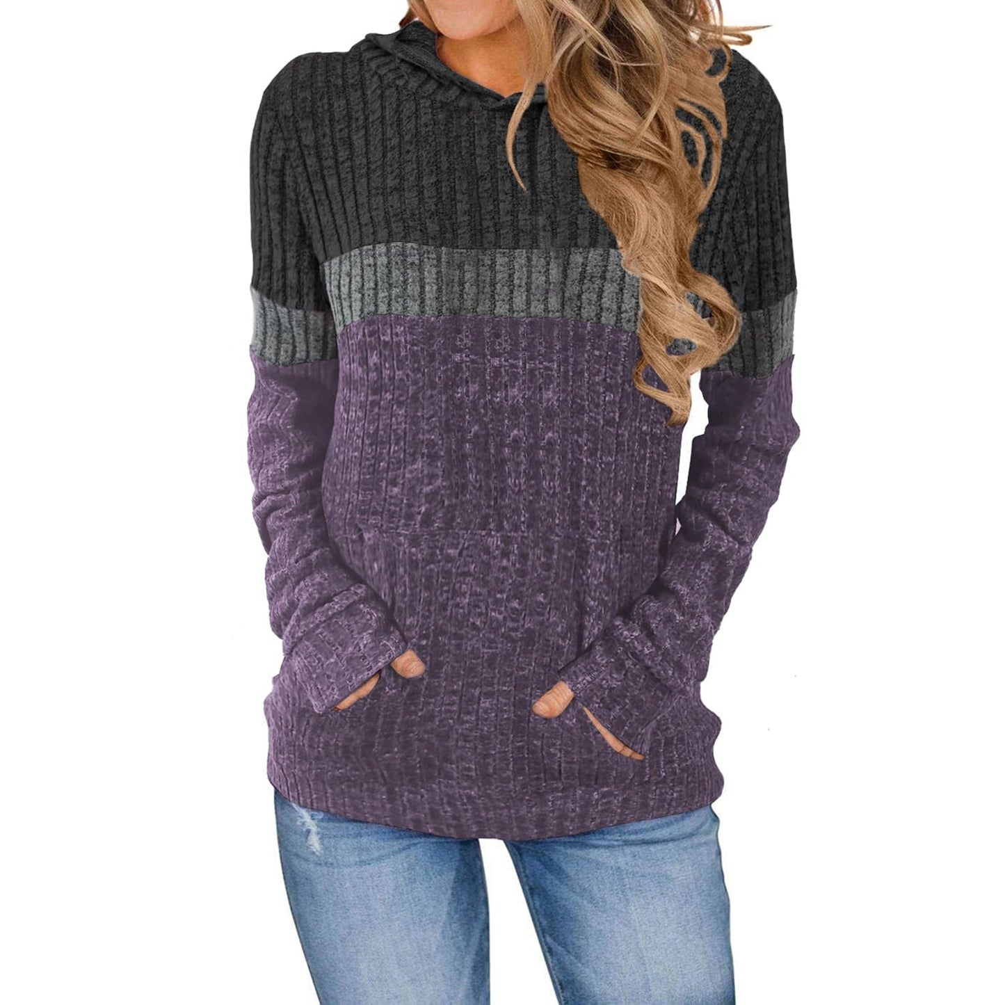 Women Hooded Sweatshirt Street-wave Color Block Cozy Breathable Cotton Blend Pullover