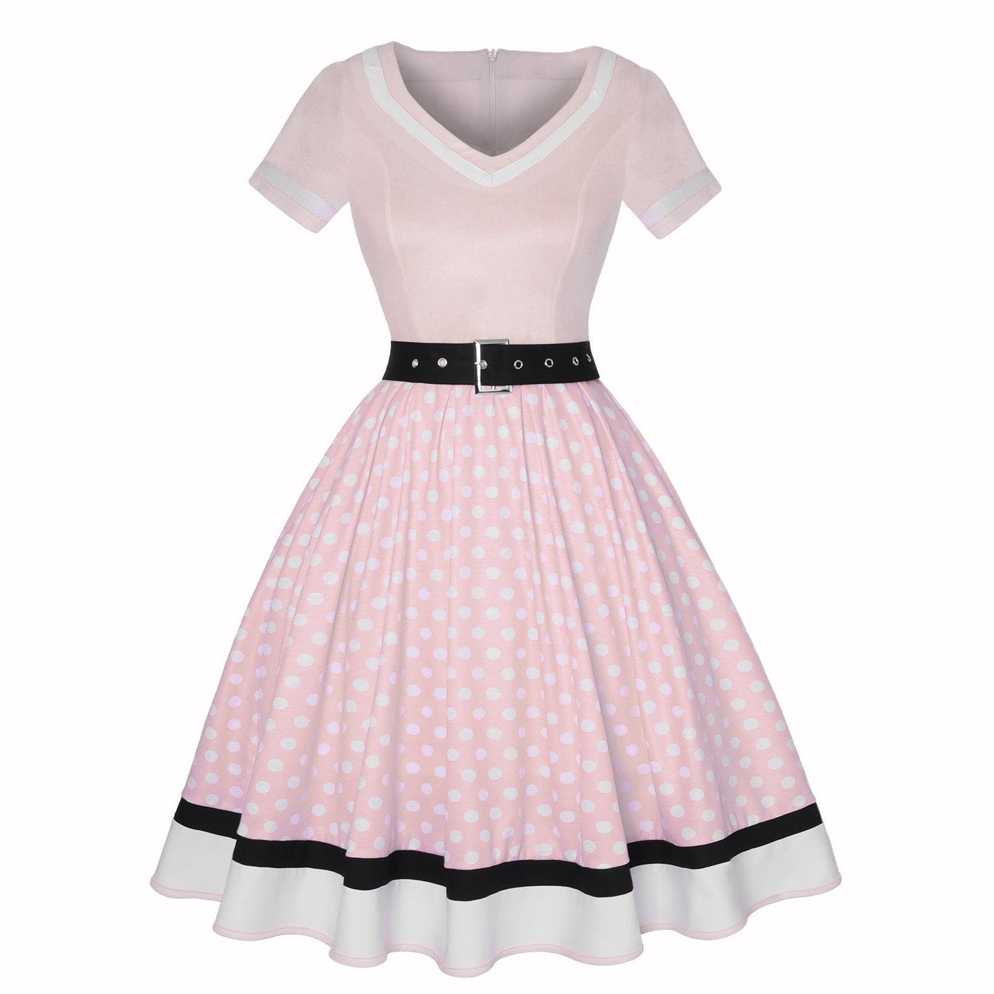 Street-wave Vintage Hepburn Polka Dot Dress For Women Belted Waist Retro Chic A-Line Midi
