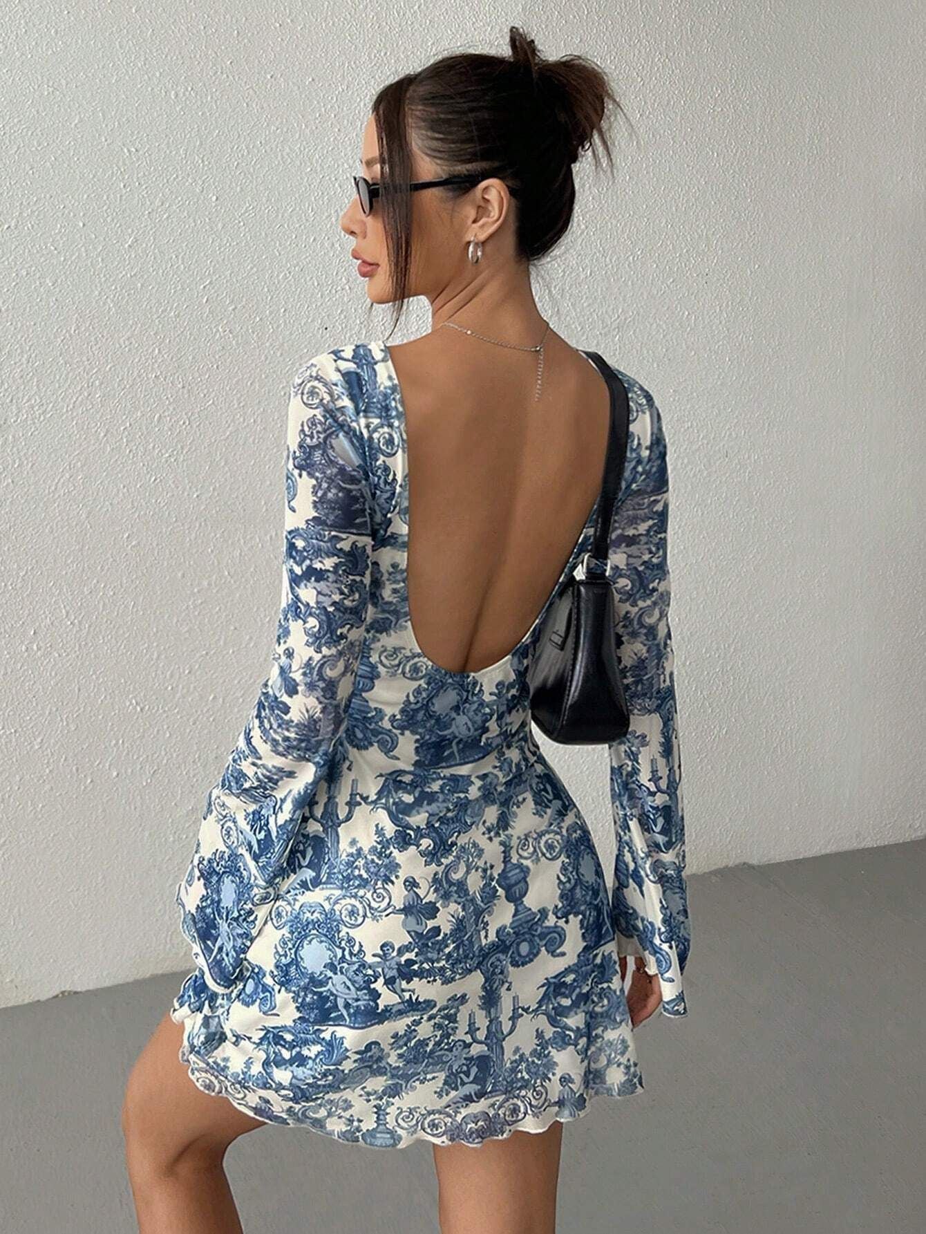 Street-Wave Backless Mini Dress With Elegant Blue Ornate Print For Style-Conscious Women